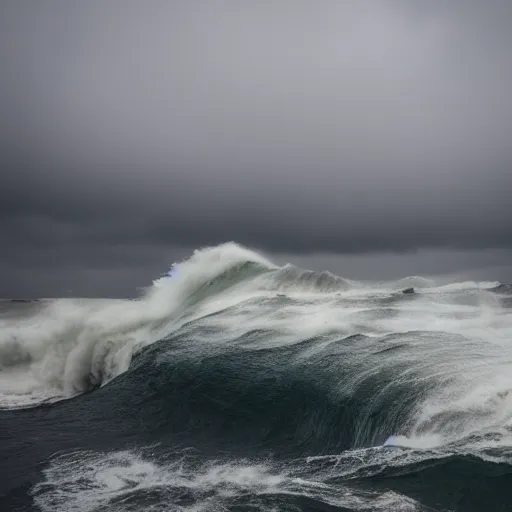 Prompt: a giant 3 0 0 ft wave, wave, giant, rough seas, weather, hurricane, wind, swell, ocean, sea, canon eos r 3, f / 1. 4, iso 2 0 0, 1 / 1 6 0 s, 8 k, raw, unedited, symmetrical balance, wide angle