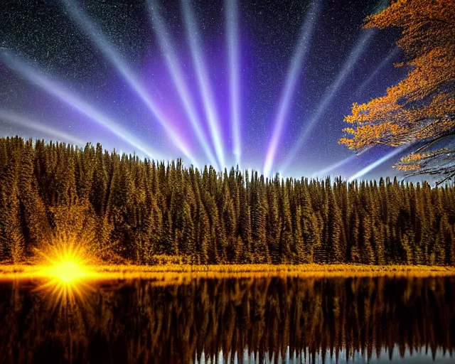 Image similar to canon, 300mm, bokeh, 16k serene beautiful landscape photography of a hypereal spaceship flying at incredible momentum through the sky at night. lake reflections in the foreground. sun rays shining through the trees. lens flare. moonlit, dramatic lighting by Marc Adamus on mushrooms.