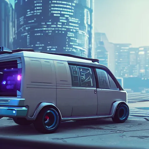 Prompt: cyberpunk alien concept of the a - team van, futuristic look, highly detailed body, very powerful, photorealistic camera shot, crisp quality and light reflections, unreal engine 5 quality render