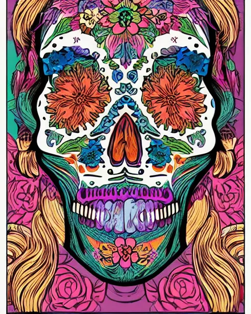 Prompt: dia de los muertos theme multicolor woodcut in the styles of artemio rodriguez, lisa brawn, and gustave bauman, intricate, hyperrealistic, accurate facial details, profile picture, line art, vector graphic, whitespace