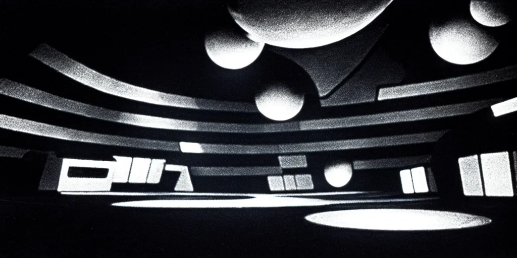 Prompt: low angle shot of a space harbour at night, set design by Fritz Lang, in the style of Jim Jarmusch, shot on film, grainy, hyperrealistic