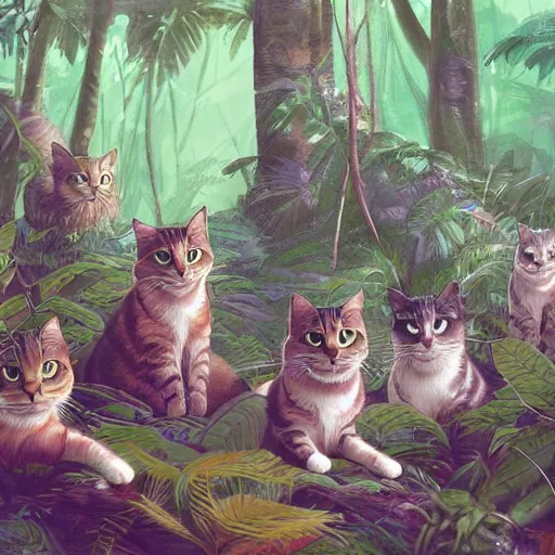 Prompt: a group of cats traveling in a very dense rainforest,artstation