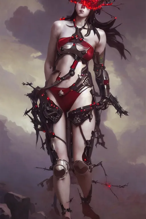 Image similar to Portrait of beautiful pale smiling anime cyborg maiden in bikini armor with crown of thorns and glowing red eyes, steampunc, Warhammer 40000, digital art from artstation by Ruan Jia and Mandy Jurgens and Artgerm and william-adolphe bouguereau