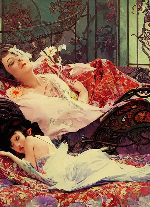 Prompt: an art nouveau realistic illustration of miranda presley lying in her bed dead of fentanyl poisoning wearing a kimono designed by balenciaga by john berkey by stanley artgerm lau, greg rutkowski, thomas kinkade, alphonse mucha, loish, norman rockwell