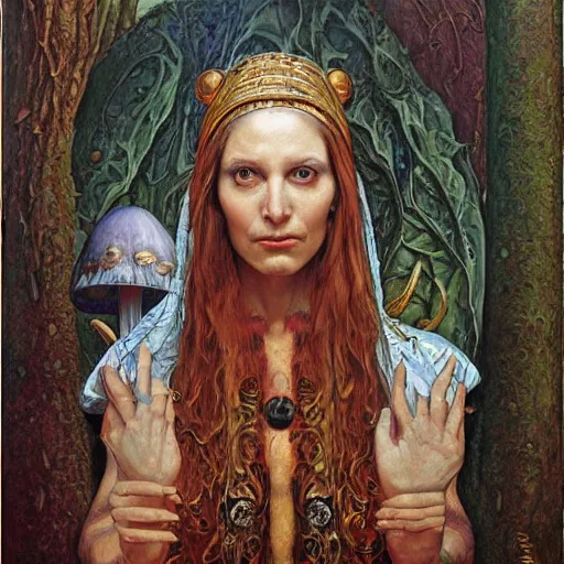 Prompt: portrait of a mushroom priestess, by gerald brom, donato giancola, and berthold woltze.