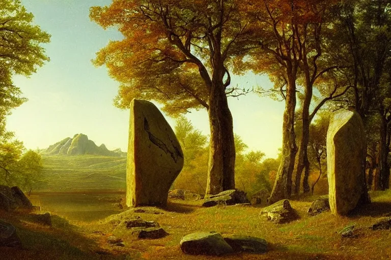 Prompt: runestone, runic inscription, megalithic, monument, nature, trees, focused, centered, very detailed, norse, histor, oil painting, Albert Bierstadt