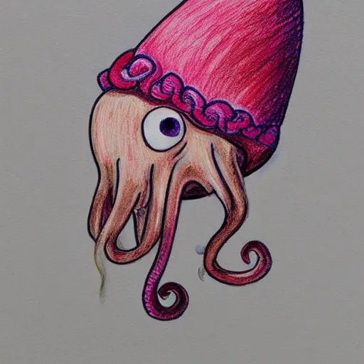 Prompt: multicolor drawing of a sad octopus wearing a pink hat by alex heywood in 4 k ultra high resolution, with depressive feeling