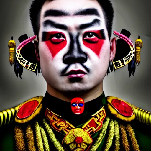 Prompt: photorealistic portrait photograph of a crazy army general with painted face as in chinese peking opera and rastafarian color hair with spikes and rings in pierced face ears and nose like punks