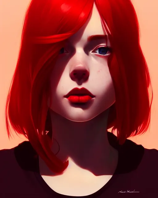 Image similar to a detailed portrait of a stunning woman with red hair and freckles by ilya kuvshinov, digital art, dramatic lighting, dramatic angle