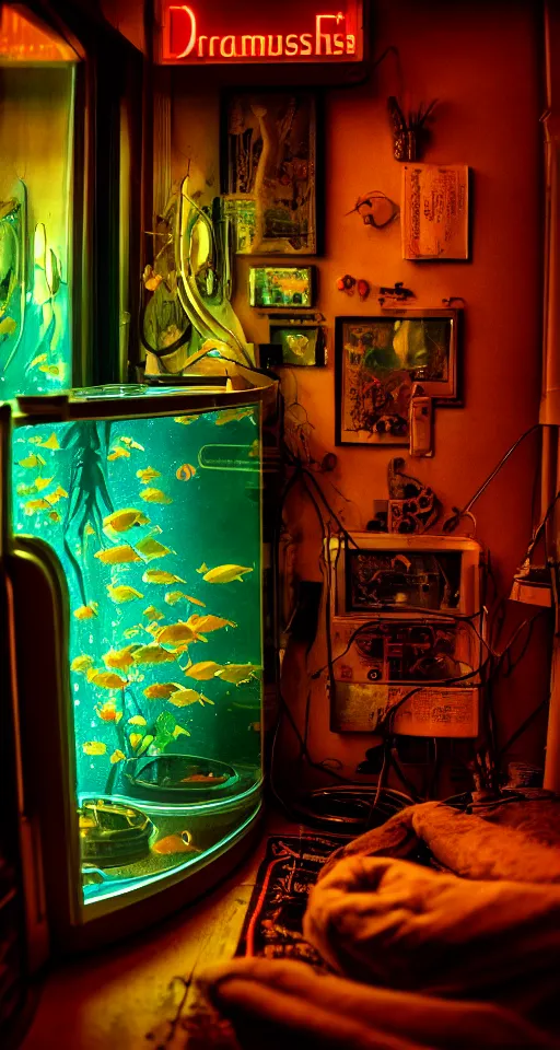 Image similar to telephoto 7 0 mm f / 2. 8 iso 2 0 0 photograph depicting the feeling of chrysalism in a cosy safe cluttered french sci - fi art nouveau cyberpunk apartment in a dreamstate art cinema style. ( ( fish tank ) ), ambient light.