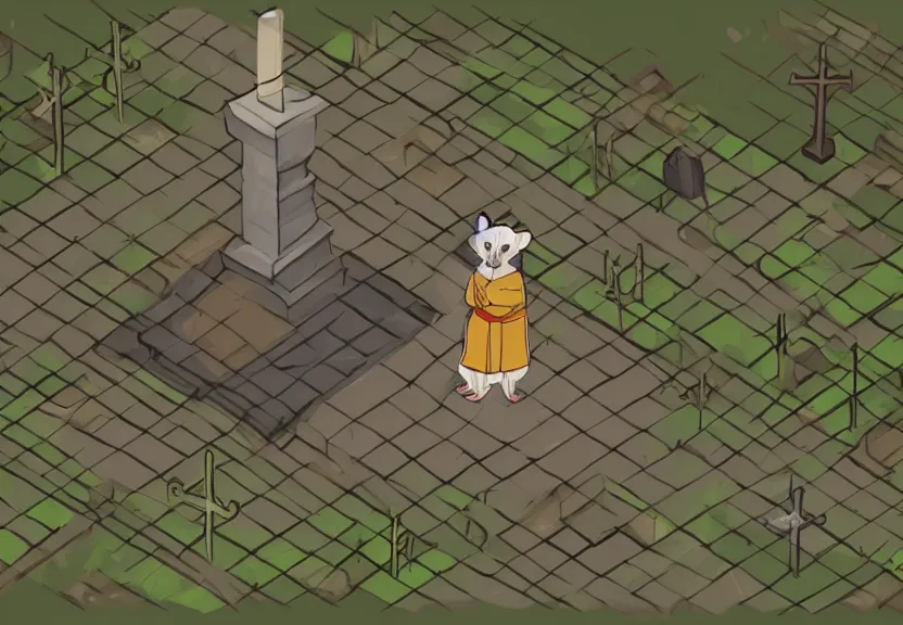 Image similar to a possum dressed like a monk at a medieval cemetery at night, isometric, digital art