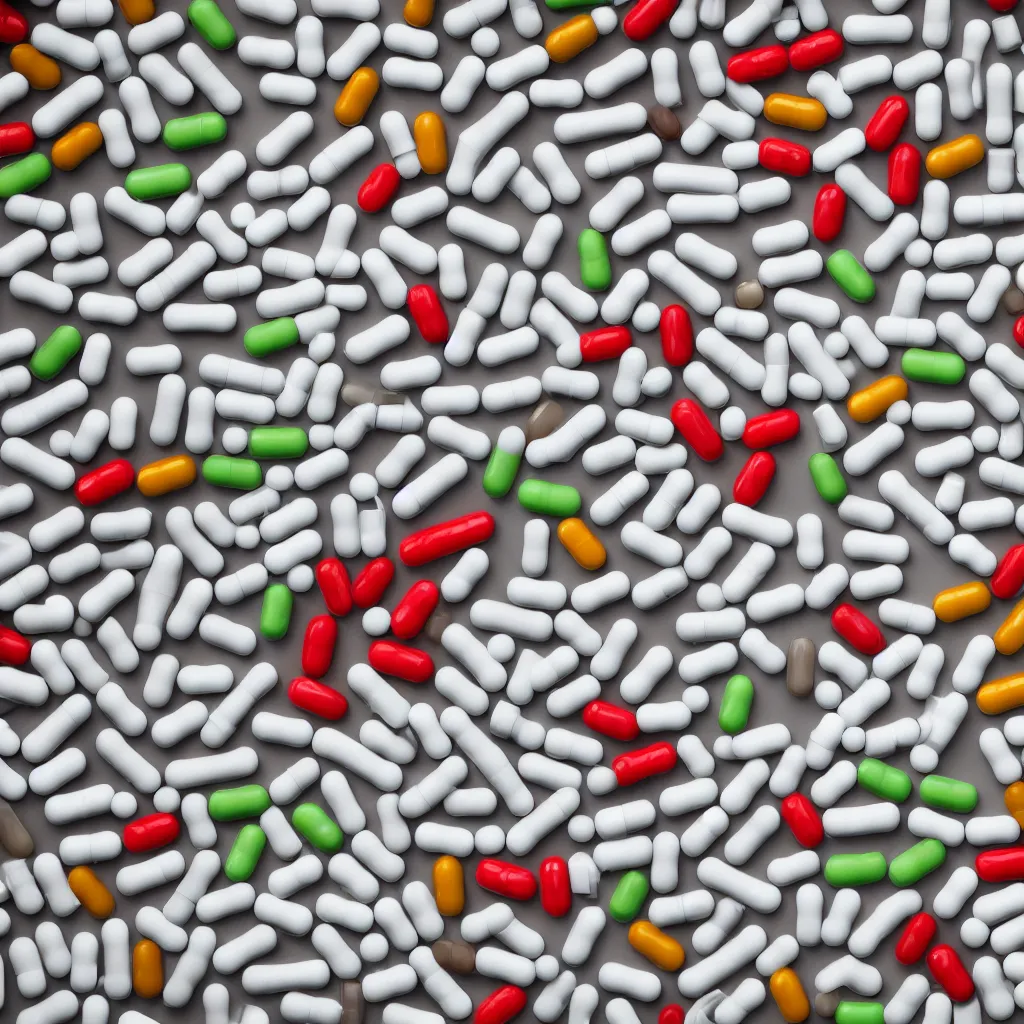 Image similar to top-down view of pills on top of a white wooden table, 4k, photorealistic
