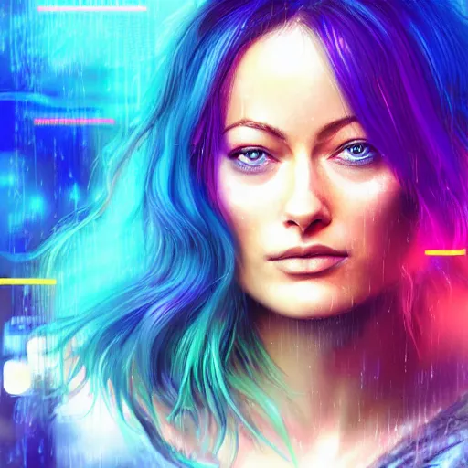 Image similar to a digital painting of olivia wilde in the rain with blue hair, cute - fine - face, pretty face, cyberpunk art by sim sa - jeong, cgsociety, synchromism, detailed painting, glowing neon, digital illustration, perfect face, extremely fine details, realistic shaded lighting, dynamic colorful background