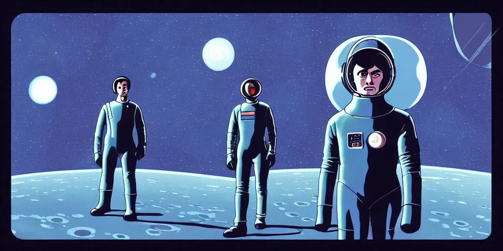 Prompt: a portrait of lonely single Alain Delon alone pilot in spacesuit posing in symmetrical spaceship station planet captain bridge outer worlds hyper contrast well drawn in FANTASTIC PLANET La planète sauvage animation by René Laloux