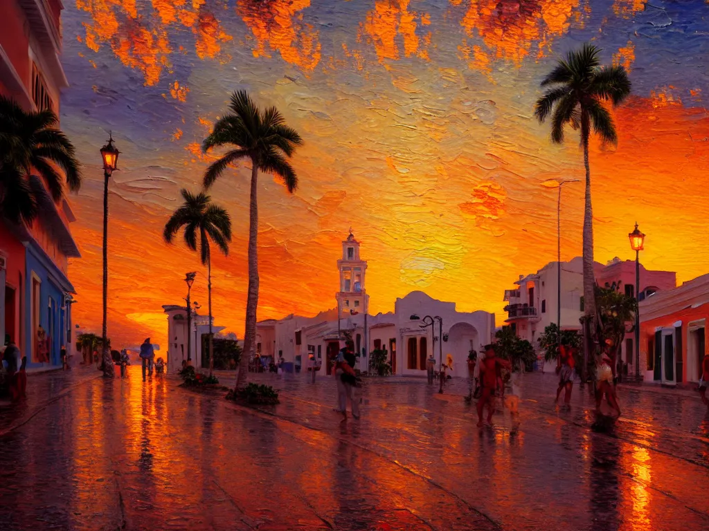 Image similar to of an impressionist oil painting of a sunset in the street of old san juan in puerto rico, hyper - detailed, 8 k, cinematic, octane render, by greg rutkowski