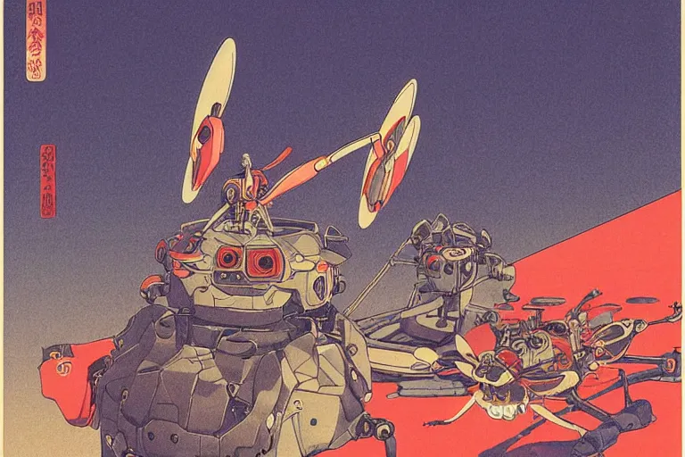 Image similar to gigantic dragonflies with human faces catch tiny robots, a lot of exotic mechas robots around, human heads everywhere, risograph by kawase hasui, dirtyrobot, edward hopper, satoshi kon and moebius, colorful flat surreal design, super - detailed, a lot of tiny details, fullshot