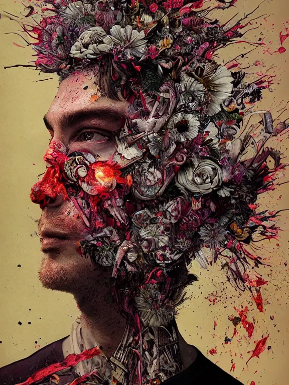 Image similar to art portrait of a man with flowers exploding out of head, decaying ,8k,by tristan eaton,Stanley Artgermm,Tom Bagshaw,Greg Rutkowski,Carne Griffiths, Ayami Kojima, Beksinski, Giger,trending on DeviantArt,face enhance,hyper detailed,minimalist,cybernetic, android, blade runner,full of colour,