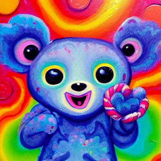 Image similar to a jeremiah ketner and lisa frank acrylic impasto!! painting of an adorable and cute bear eating candy