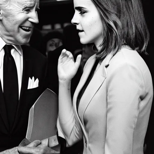 Prompt: emma watson face to face with president joe biden, nikon 3 5 mm, photograph