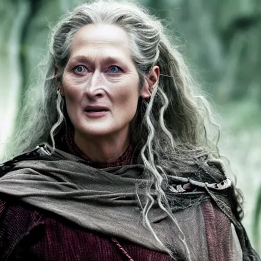 Image similar to first photos of 2 0 2 4 female lotr remake - meryl streep as denethor, ( eos 5 ds r, iso 1 0 0, f / 8, 1 / 1 2 5, 8 4 mm, postprocessed, crisp face, facial features )