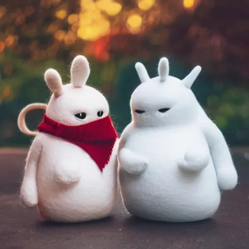 Image similar to a furry Moomin, two tiny horns, big head, 3D art, Baymax style, sweet department, felt, kawaii, Marina Dieul, Monchhich, Kristina Shablina, 8K