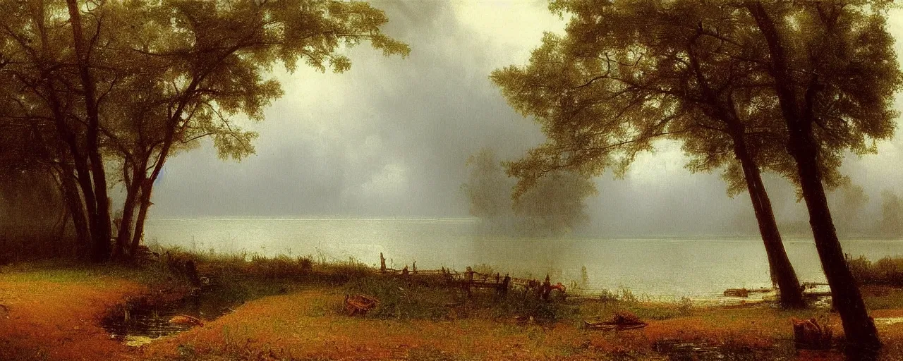 Prompt: a painting of a lake, heavy downpour, raining, by albert bierstadt