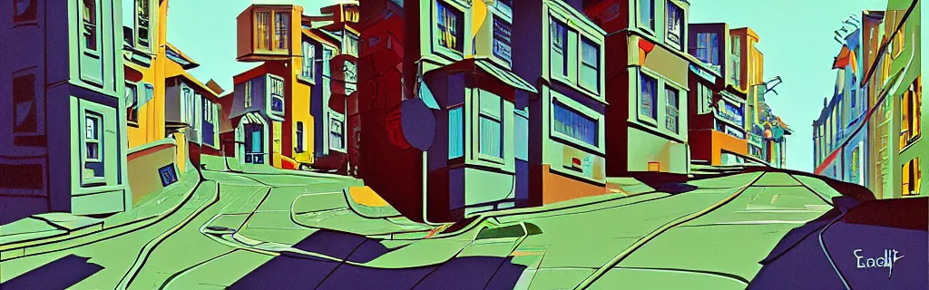 Prompt: san francisco sloped street, gouache, animated film, stylised, illustration, by eyvind earle, scott wills, genndy tartakovski, syd mead