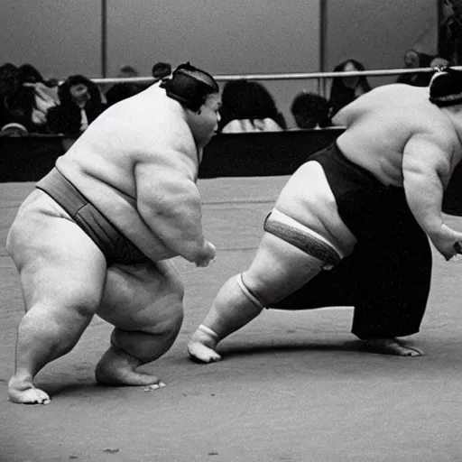 Image similar to a dramatic photograph from a magazine article on L Ron Hubbard's sumo wrestling carrier