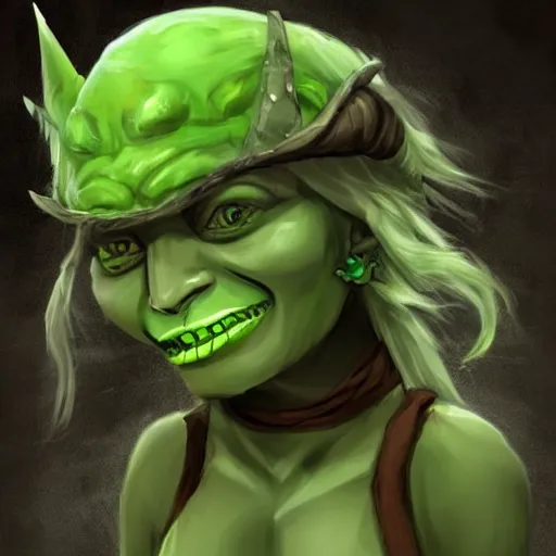 Image similar to cute tiny orc girl with green skin wearing hunter armor from Bloodborne and a wizard hat, d&d, Newgrounds