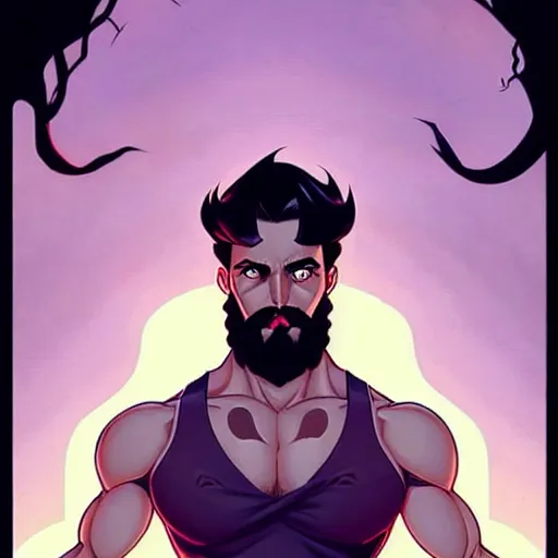 Image similar to a chad with wavy black hair and a beard. muscular. godlike. tank top. using a computer, comic cover art, artgerm, joshua middleton, pretty stella maeve witch doing black magic, serious look, purple dress, symmetrical eyes, symmetrical face, long black hair, full body, twisted evil dark forest in the background, cool colors