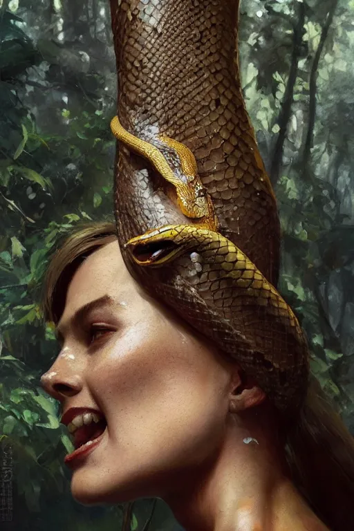 Prompt: snake on a tree, snake head close - up, snake eyes, oil painting, sunlit, paint texture, digital painting, highly detailed, artstation, sharp focus, illustration, concept art, ruan jia, charlie bowater, tom bagshaw, norman rockwell