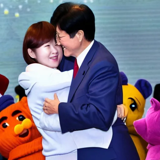 Prompt: korea's president yoon suk - yeol hugging a teletubby