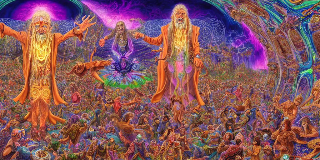 Prompt: hyper detailed portrait of a dmt spirit guide greeting a lost psychonaught, friendly dmt time elves, cathedral background, masterpiece composition, 8 k resolution, ultra fine illustration, tokio aoyama, alex grey, todd schorr, highly detailed,