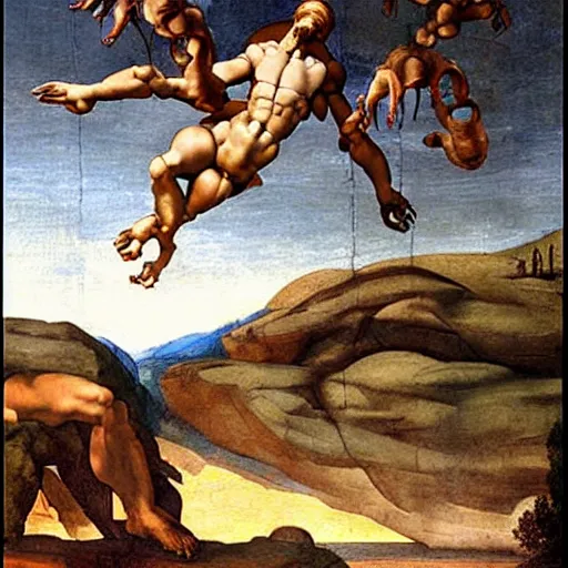 Prompt: Michelangelo's Creation of Adam, Adam reaches out to an alien robot god