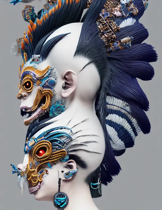 Image similar to 3 d goddess close - up profile portrait punk with mohawk with ram skull. beautiful intricately detailed japanese crow kitsune mask and clasical japanese kimono. betta fish, jellyfish phoenix, bio luminescent, plasma, ice, water, wind, creature, artwork by tooth wu and wlop and beeple and greg rutkowski