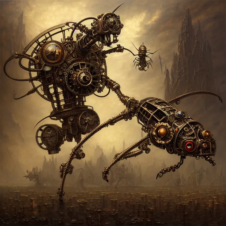 Image similar to steampunk robot mosquito, unreal engine realistic render, 8 k, micro detail, intricate, elegant, highly detailed, centered, digital painting, artstation, smooth, sharp focus, illustration, artgerm, tomasz alen kopera, peter mohrbacher, donato giancola, joseph christian leyendecker, wlop, boris vallejo