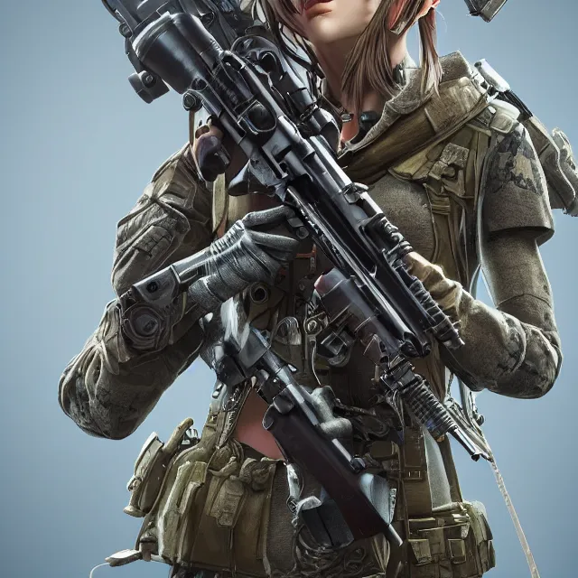 Image similar to the photorealistic portrait of lawful neutral female futuristic marine sniper as absurdly beautiful, gorgeous, elegant, young gravure idol, an ultrafine hyperdetailed illustration by kim jung gi, irakli nadar, intricate linework, bright colors, octopath traveler, final fantasy, unreal engine 5 highly rendered, global illumination, radiant light, detailed and intricate environment