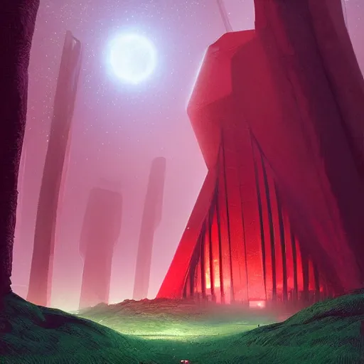 Image similar to red futuristic temple between giant trees, shooting stars, dramatic lighting, artstation, matte painting, raphael lacoste, simon stalenhag, frank lloyd wright