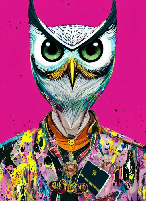 Image similar to arrogant elegantmedium shot of white owl with one giant eye dressed in samurai garment, pixiv fanbox, dramatic lighting, maximalist pastel color palette, splatter paint, pixar and disney exploded - view drawing, graphic novel by fiona staples and dustin nguyen, peter elson, alan bean, wangechi mutu, clean cel shaded vector art, trending on artstation