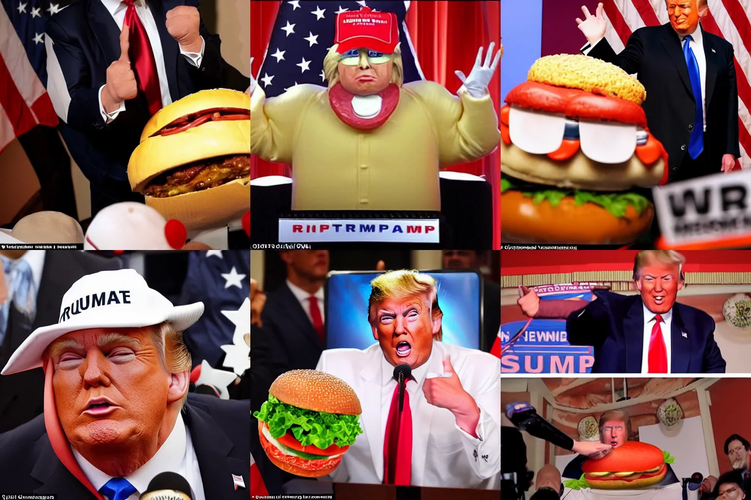 Prompt: donald trump transforms himself into a hamburger in front of a live television press conference