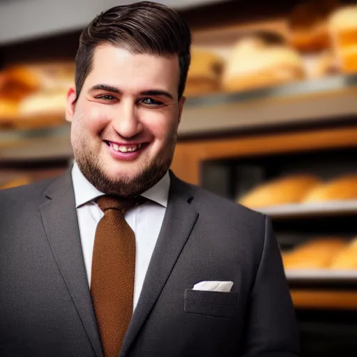 Prompt: Close up portrait of a clean-shaven chubby man wearing a brown suit and necktie with a bakery in the background. Photorealistic. Award winning. Dramatic lighting. Intricate details. UHD 8K. He looks very happy.