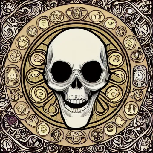 Image similar to anime manga skull portrait emoji happy disney cartoon skeleton illustration comic style by Alphonse Mucha pop art nouveau