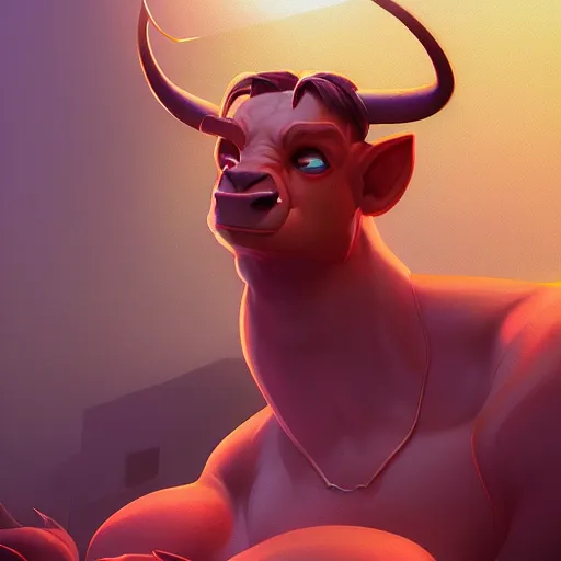 Prompt: Portrait of a Minotaur, mattepainting concept Blizzard pixar maya engine on stylized background splash comics global illumination lighting artstation lois van baarle, ilya kuvshinov, rossdraws