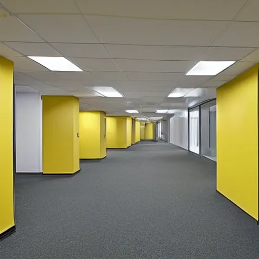 Image similar to the backrooms : an endless maze of randomly generated office rooms and other environments. it is characterized by the smell of moist carpet, walls with a monochromatic tone of yellow, and buzzing fluorescent lights