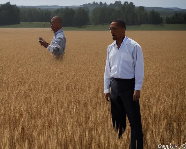 Prompt: extreme long shot of walter white and gustavo fring stand facing each other from a distance in a wheat field, low angle, side view, 8 5 mm photograph, 8 k resolution, wide shot, sharp lens, high detail, cinematic