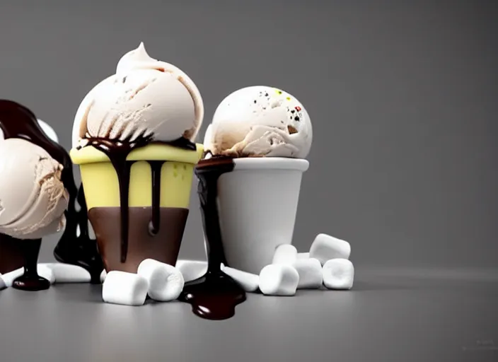 Image similar to ice cream sunday, delicious, glistening, chocolate sauce, marshmallows, highly detailed, octane render,