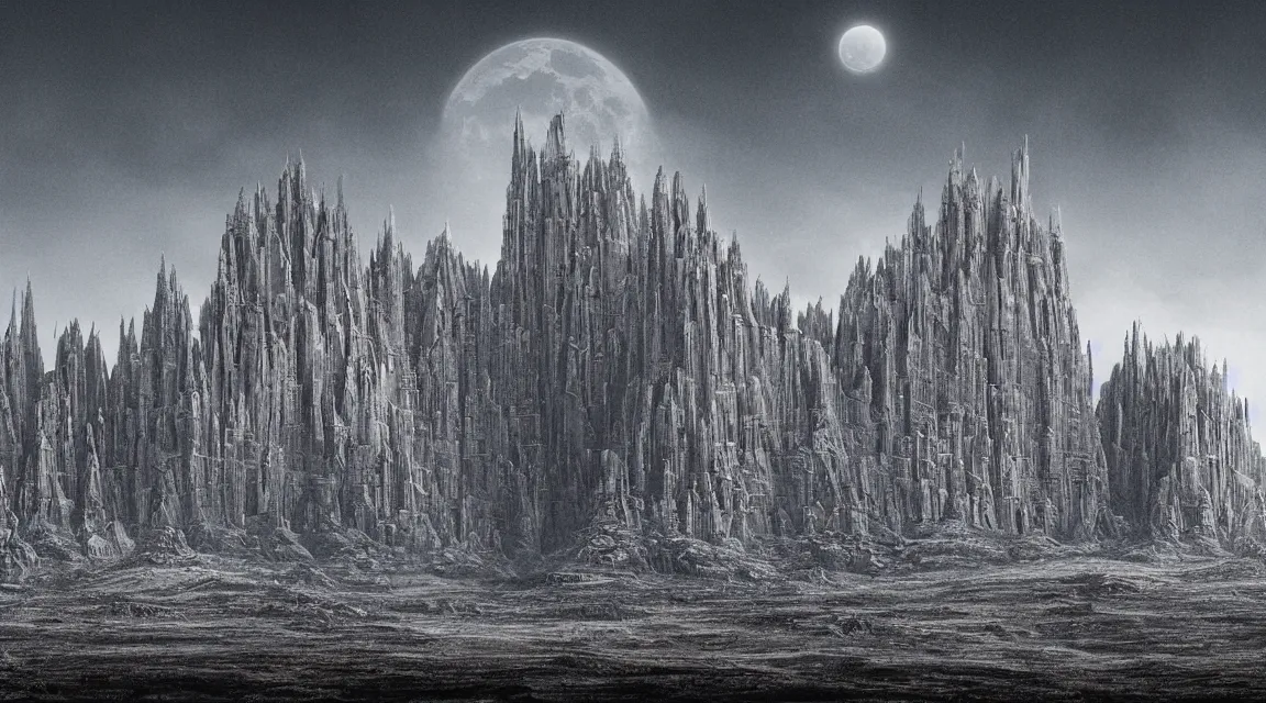 Prompt: stunning large format photograph, beautiful cinematic perspective of an incredible ultra detailed architectural masterpiece towering alien castle on a craggy grey moon inspired by moebius, strange gigantic mesas, distant mountains, soft black psychedelic haze in the sky, photographed in the style of denis villeneuve and greig fraser, Arri Alexa LF, crisp detailed ground, soft sky, visual effects and composite by ILM, 10k with IMAX