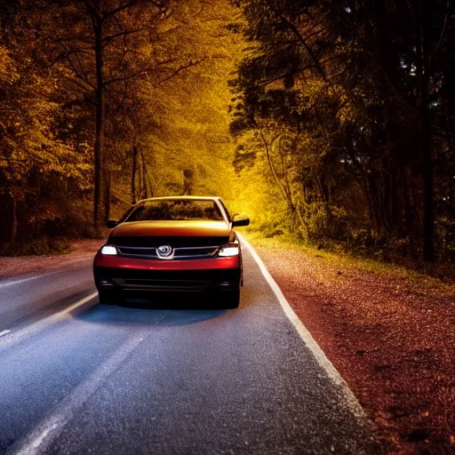 Prompt: car stopped in a road, next to forest, night time, darkness