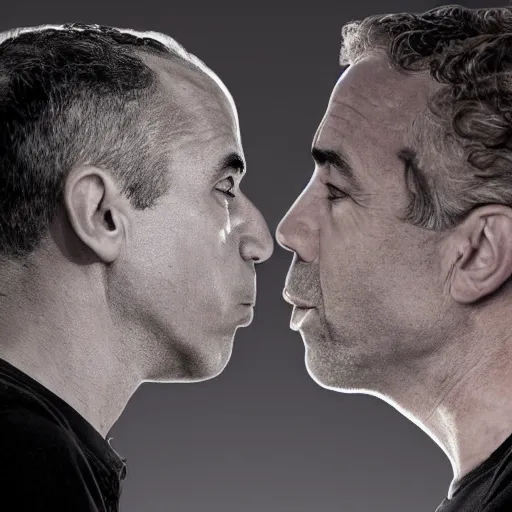 Prompt: Jordan Peterson and Joe Rogan kissing, photo, tabloid, photorealistic, 4k