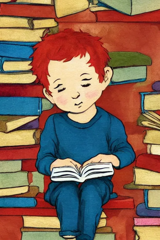 Image similar to a little boy with red hair sits cross legged on top of a tall pile of books. he is reading. clean elegant pretty cartoon painting, beautiful detailed face, storybook illustration.